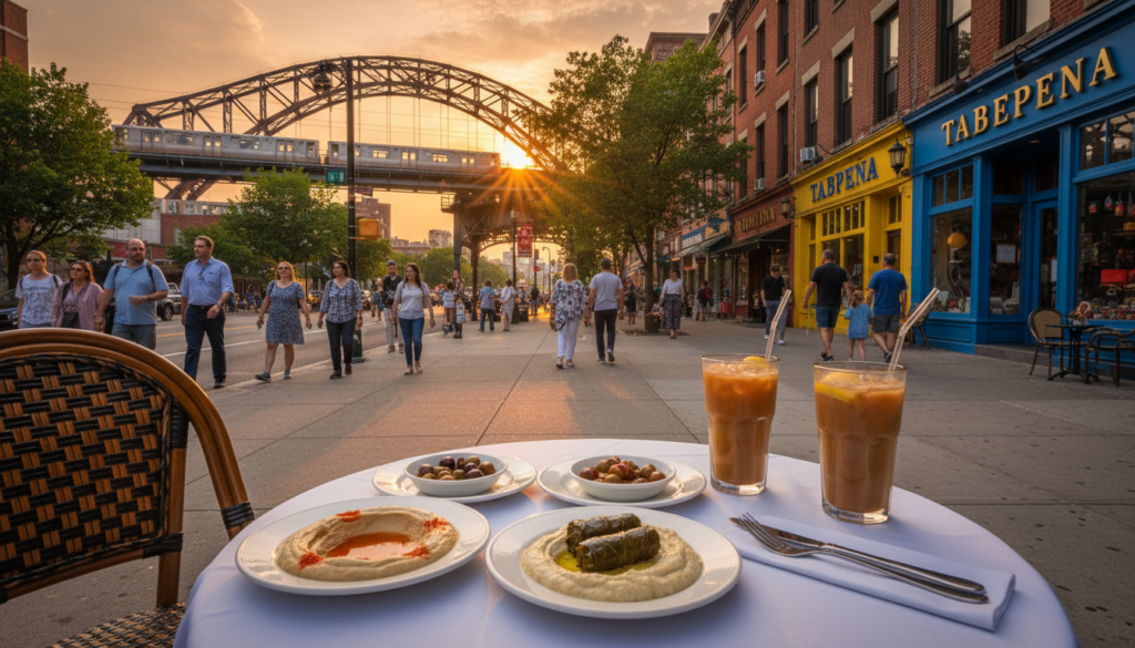 Sunset Outdoor Dining and Mediterranean Cuisine in the City - HelpNewYork.com A small outdoor table with a white tablecloth features plates of hummus, olives, and stuffed grape leaves, accompanied by two tall glasses of iced tea. In the background, pedestrians walk along a bustling city sidewalk at sunset, with an elevated train passing over a bridge in the distance.