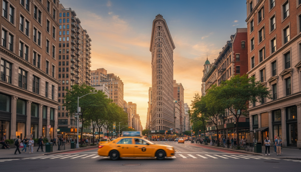 Flatiron Building at Sunset with Yellow Taxi in New York City - HelpNewYork.com A vibrant street scene in New York City featuring the iconic Flatiron Building under a warm sunset sky. A yellow taxi cab is blurred in motion as it crosses a pedestrian crosswalk in the foreground, with people walking along the sidewalks and green trees lining the street.