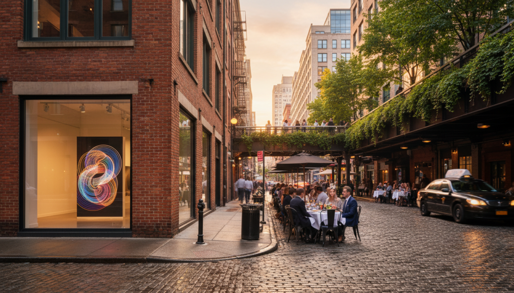 Evening Outdoor Dining and Art Gallery on Historic Cobblestone Street - HelpNewYork.com A vibrant cobblestone city street at sunset features people dining at outdoor tables next to a red brick art gallery. Inside the gallery window, a colorful glowing neon spiral artwork is on display. A black taxi cab drives by on the right, while an elevated park walkway covered in greenery crosses over the street in the background under a golden sky.