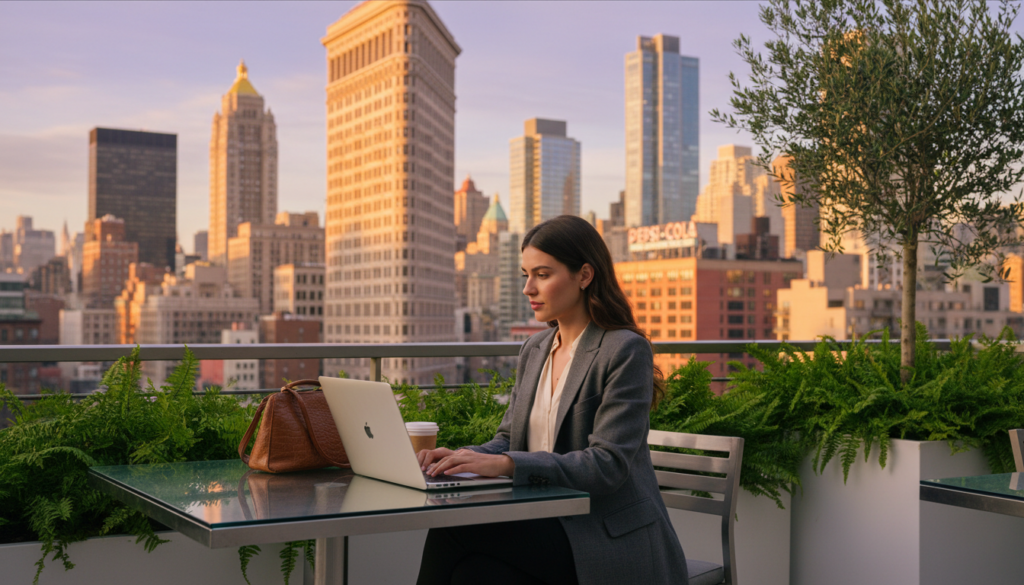 Professional Woman Working on Laptop with NYC Skyline Background - HelpNewYork.com A professional woman in a grey blazer sitting on a rooftop terrace, working on an Apple laptop with the New York City skyline and Flatiron Building in the background at sunset.
