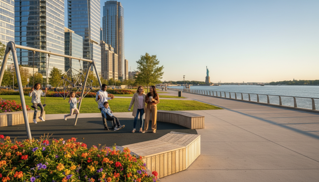 Urban Waterfront Park with Playground and Statue of Liberty View - HelpNewYork.com A diverse group of families and children playing on a modern waterfront playground at sunset, with glass skyscrapers in the background and the Statue of Liberty visible across the water.