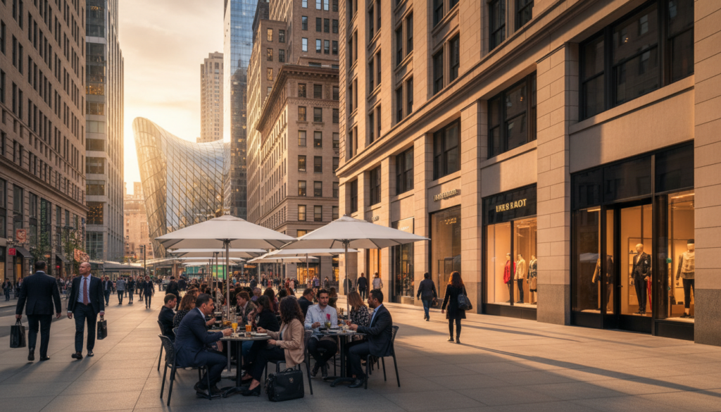 Sunset Urban Dining and City Life - HelpNewYork.com A bustling urban street scene at sunset with people enjoying outdoor dining under white umbrellas and pedestrians walking past high-end retail stores and modern architecture.