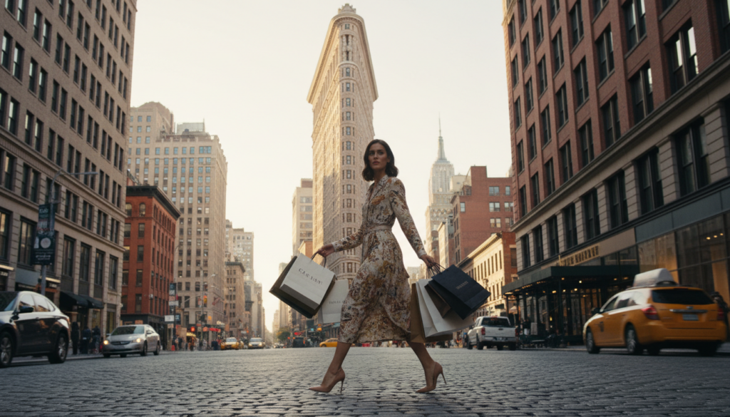 Luxury Shopping in New York City with Flatiron Building View - HelpNewYork.com A stylish woman in a floral midi dress and high heels crosses a cobblestone street in New York City, carrying multiple shopping bags, with the Flatiron Building in the background.