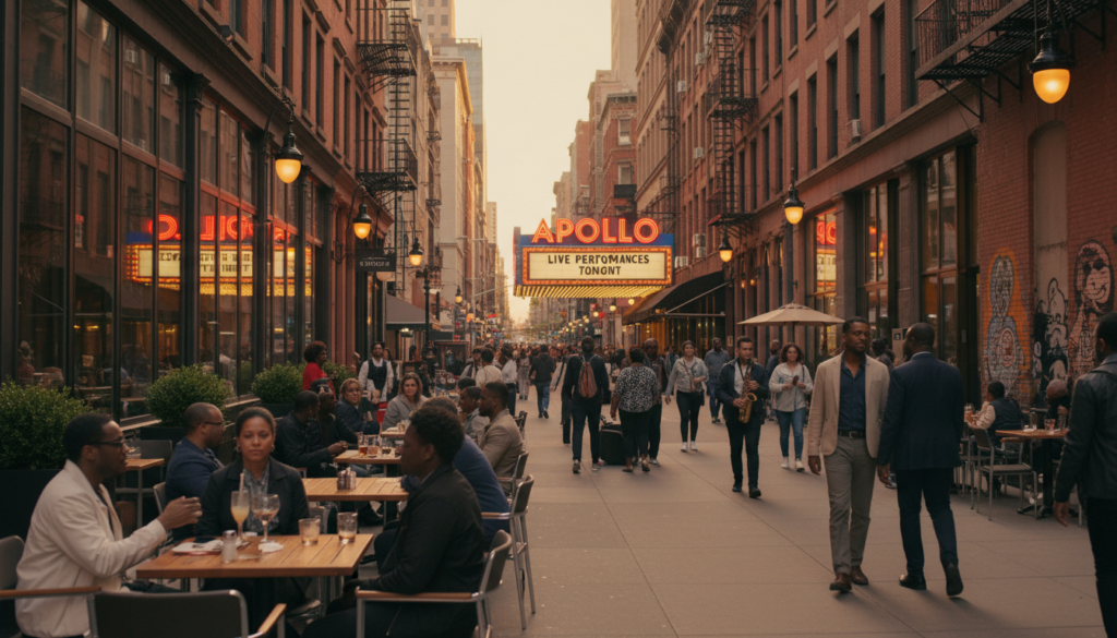 Lively Evening Scene Outside the Apollo Theater in Harlem - HelpNewYork.com A bustling city street at dusk, lined with multi-story brick buildings and outdoor cafe seating. In the center distance, a large neon marquee for the Apollo Theater reads 'LIVE PERFORMANCES TONIGHT'. Numerous people are seen walking along the wide sidewalk and sitting at wooden tables, enjoying food and drinks. The scene is bathed in a warm, golden glow from the setting sun and street lamps.