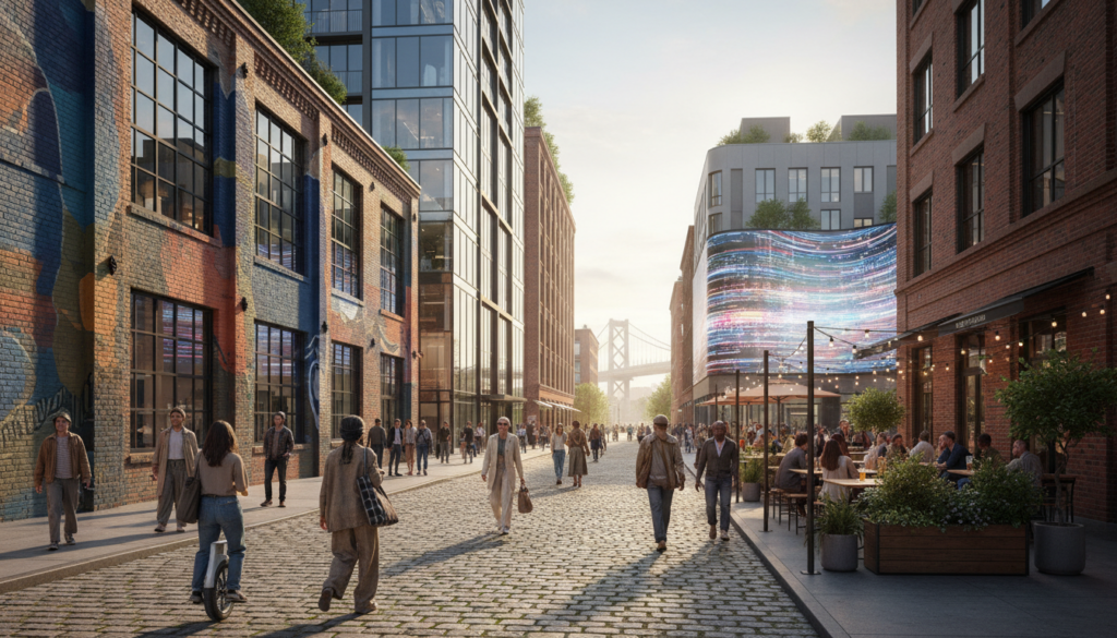 Dynamic Pedestrian Street Scene with Historic and Modern Architecture - HelpNewYork.com A vibrant pedestrian street with cobblestone paving, featuring a blend of historic brick buildings with colorful murals and modern glass skyscrapers. People are walking, dining at outdoor cafes, and enjoying the sunset view of a large suspension bridge in the distance.