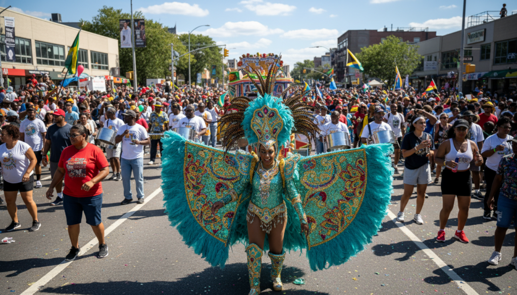 A woman in a vibrant turquoise and gold carnival costume with large feathered wings walks through a crowded city street during a festive parade.