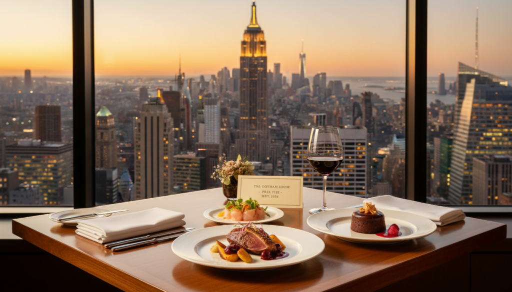 A fine-dining table with three gourmet plates and a glass of red wine overlooks the New York City skyline, featuring the Empire State Building at sunset through a large window.