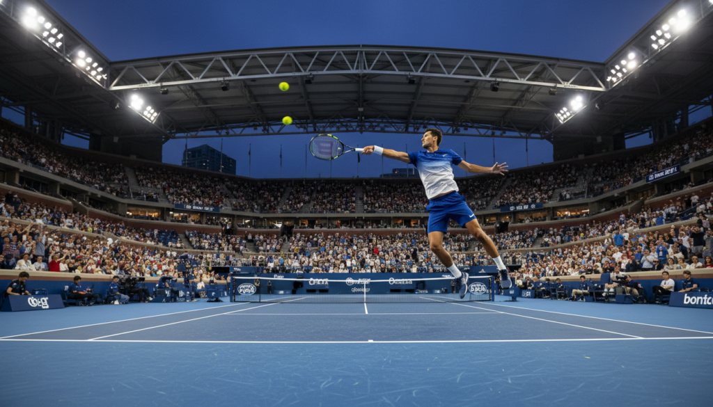 A male tennis player in a blue and white kit leaping high in the air to return a ball during a night match in a large stadium filled with spectators.