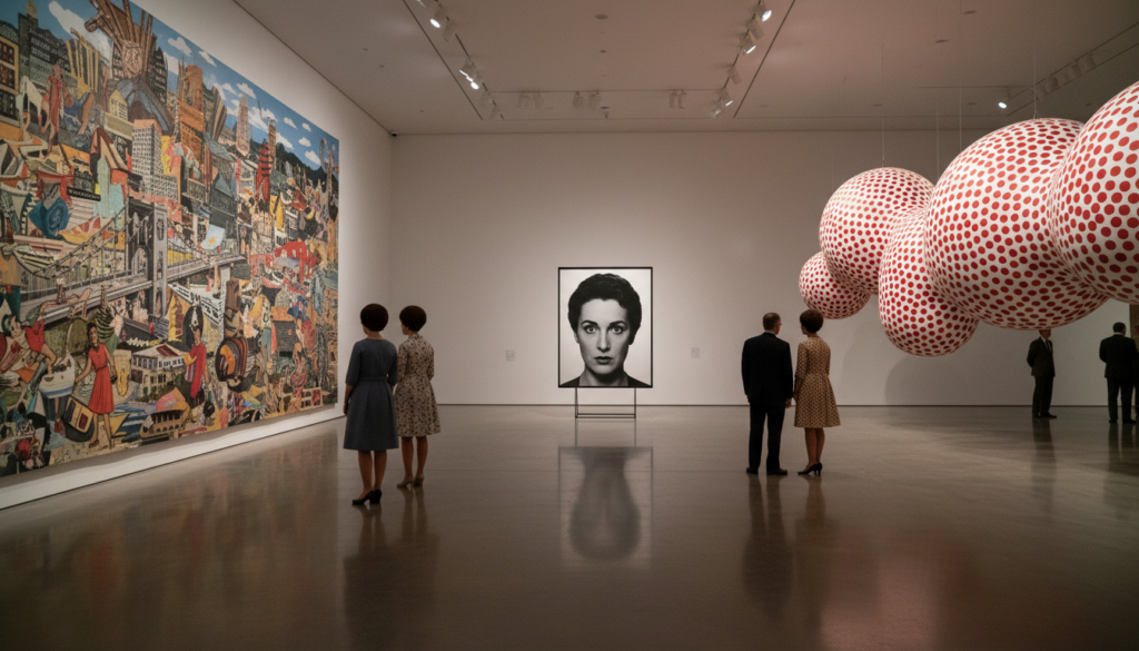 A museum gallery with visitors in mid-century attire viewing a large colorful mural, a black and white portrait, and hanging polka-dot spheres.