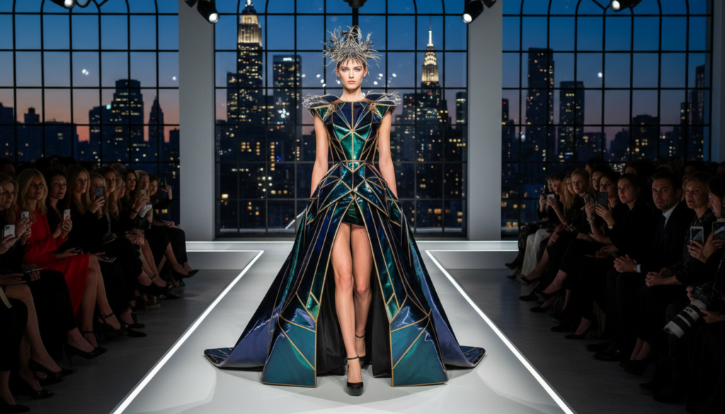 A fashion model walks down a brightly lit runway in a shimmering, architectural gown with geometric patterns in green and blue. She wears a silver, spiky crown. The runway is flanked by an audience, with a panoramic view of the New York City skyline at dusk in the background.