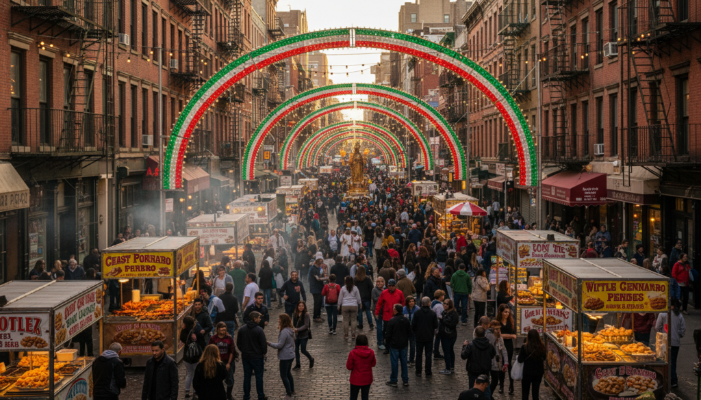 A bustling street festival in Little Italy, New York City, featuring a series of large, glowing arches in the colors of the Italian flag stretching over a crowded street filled with food stalls and people at sunset.