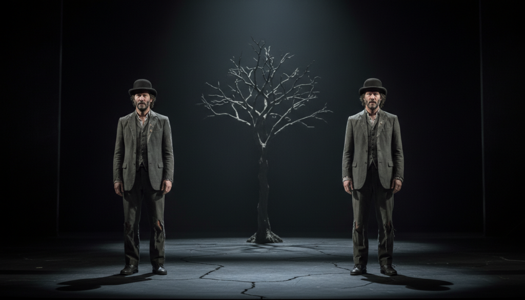 Two men in tattered suits and bowler hats stand on a dark stage, flanking a single, leafless tree under a spotlight.