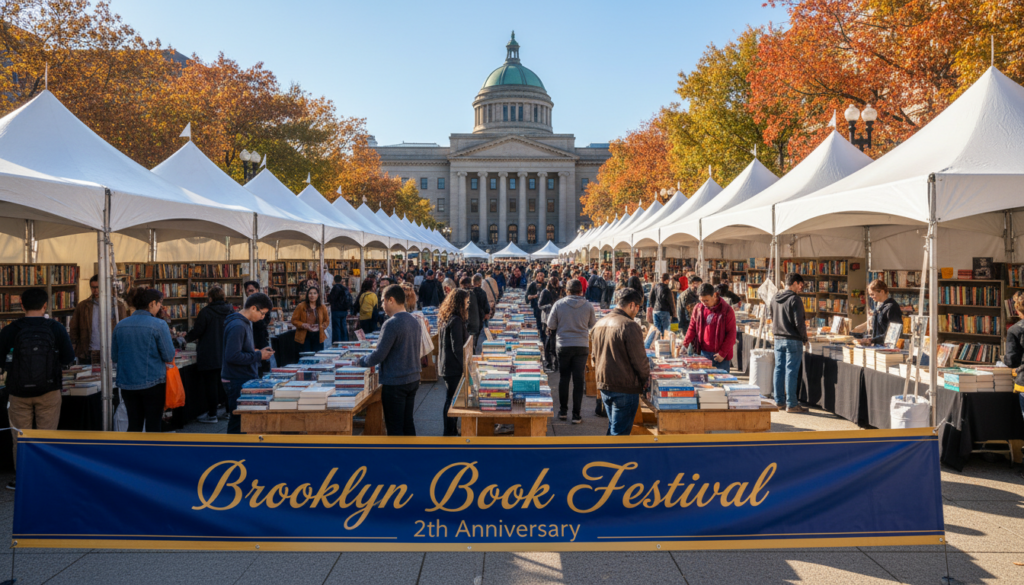 A large outdoor book festival in a sunny public plaza with crowds of people browsing book stalls under white tents. In the foreground, a blue and gold banner reads 'Brooklyn Book Festival 2th Anniversary'. In the background, a grand, domed neoclassical building is framed by autumn trees with orange and yellow leaves.