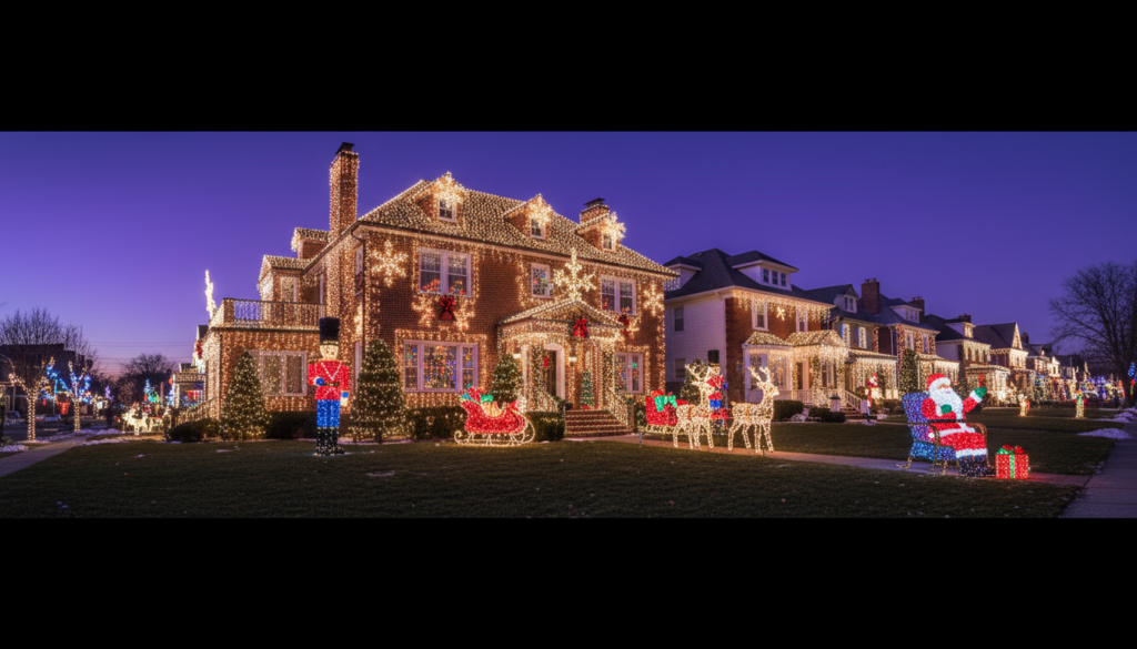 A large two-story brick house is completely covered in thousands of bright Christmas lights at dusk. The decorations include lighted snowflakes on the facade, a nutcracker statue, a sleigh with reindeer, and a large sitting Santa figure on the front lawn under a deep purple sky.