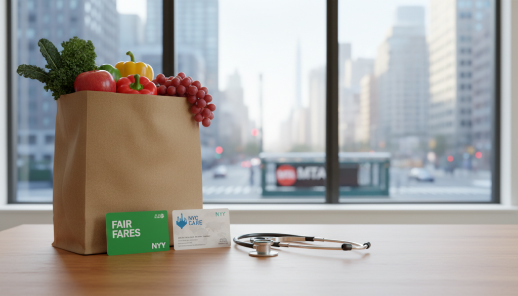 A brown paper grocery bag filled with fresh produce sits on a wooden table alongside a green Fair Fares NYC card, a white NYC Care card, and a stethoscope, with a blurred New York City window view in the background.