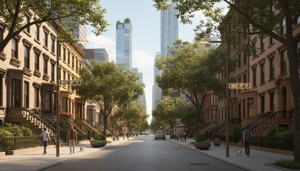 A sunlit view down West 78th Street, featuring classic brownstone residential buildings on both sides, lush green trees lining the sidewalks, and modern skyscrapers in the distance under a clear sky. People are walking their dogs on the clean, wide sidewalk.