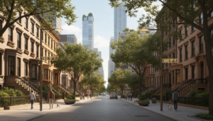 West 78th Street Brownstones and City Skyline View - HelpNewYork.com A sunlit view down West 78th Street, featuring classic brownstone residential buildings on both sides, lush green trees lining the sidewalks, and modern skyscrapers in the distance under a clear sky. People are walking their dogs on the clean, wide sidewalk.