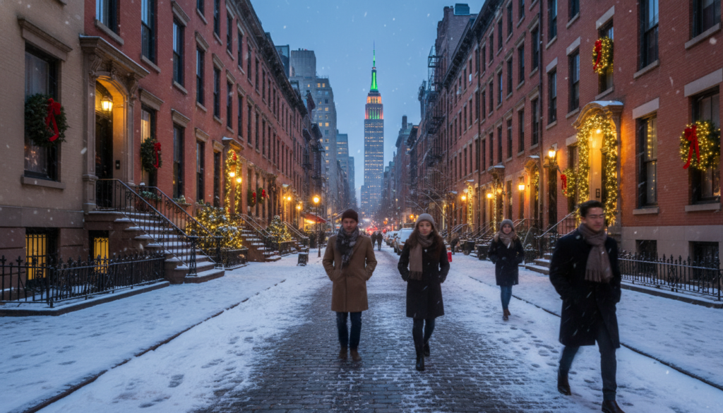 Winter Holiday Scene in New York City with Empire State Building View - HelpNewYork.com A snow-covered cobblestone street in New York City during the holiday season, with people in winter attire walking towards the camera. The street is lined with historic brownstone buildings decorated with wreaths and warm Christmas lights, leading the eye toward the Empire State Building illuminated in green and red in the distance.