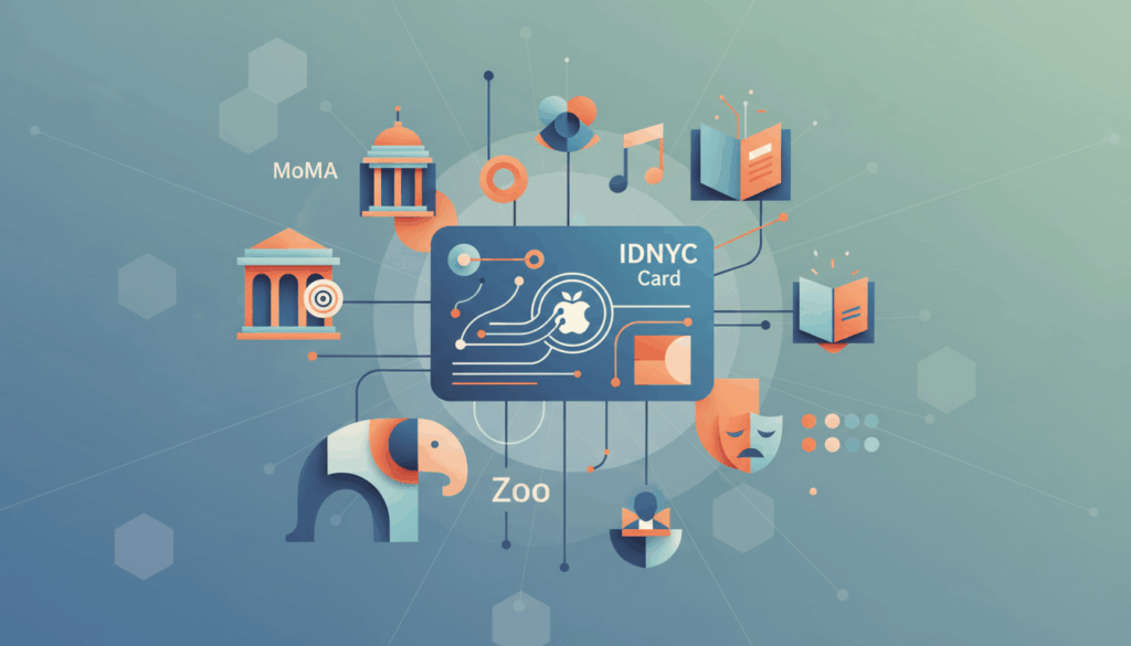 IDNYC card surrounded by logos of participating museums