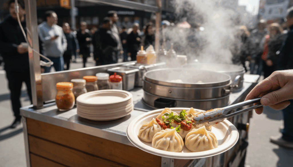 Steaming Tibetan momos from a street vendor in Jackson Heights Queens