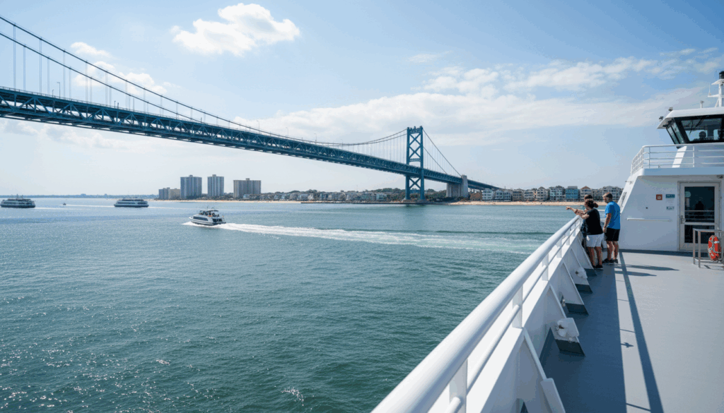 View from top deck of NYC Ferry passing under bridge