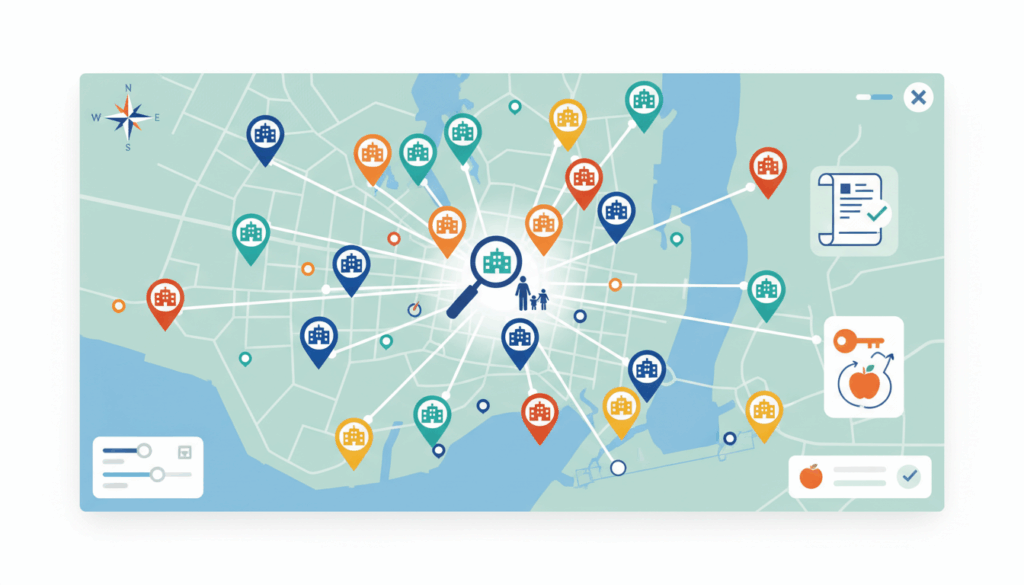 Interactive map interface with colorful location pins, a magnifying glass, and family icon for school searching.
