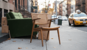 Vintage armchair left on NYC sidewalk for stooping