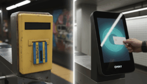 omny-vs-metrocard-turnstile-1 - HelpNewYork.com Comparison of NYC subway turnstile MetroCard slot and OMNY reader