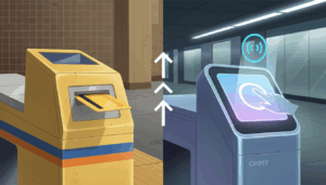 omny-vs-metrocard-turnstile - HelpNewYork.com Comparison of NYC subway turnstile MetroCard slot and OMNY reader