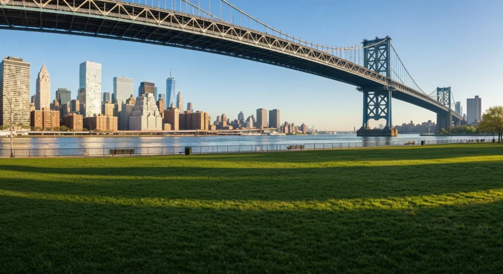 Astoria Park in Queens with the Hell Gate Bridge and Manhattan skyline