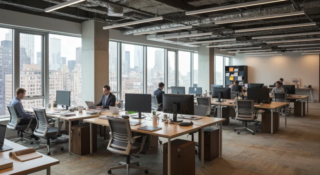 Modern NYC coworking space with Manhattan skyline view for day pass workers