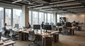Modern NYC coworking space with Manhattan skyline view for day pass workers