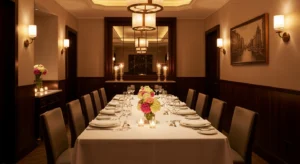 Elegant private dining room in a NYC restaurant set for a corporate dinner