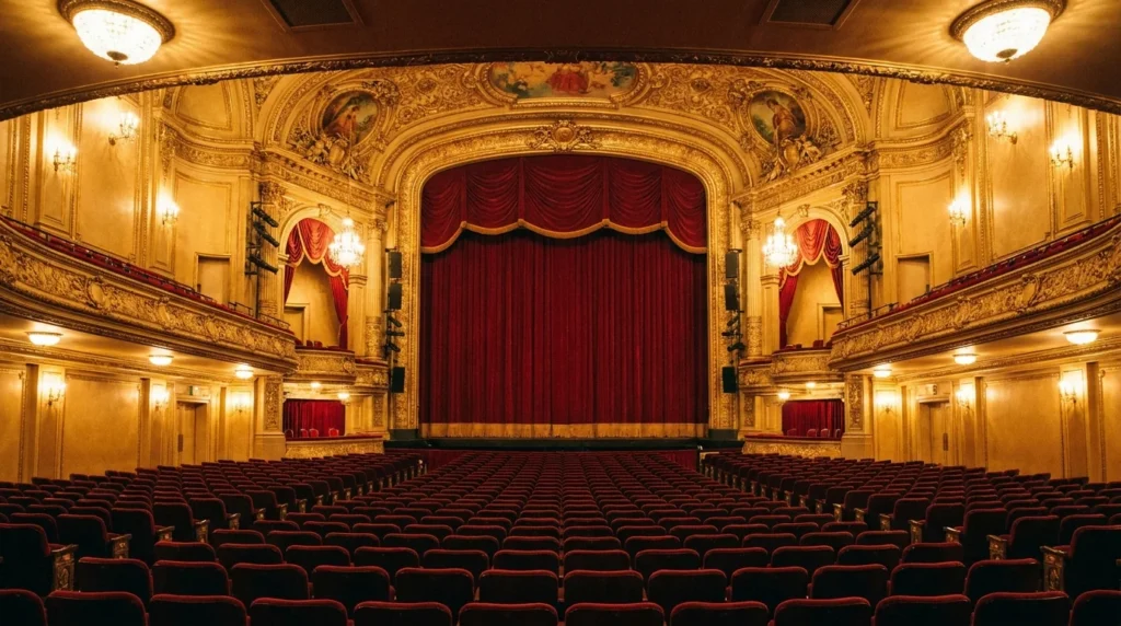 Rows of empty red velvet seats inside a classic Broadway-style theater auditorium
