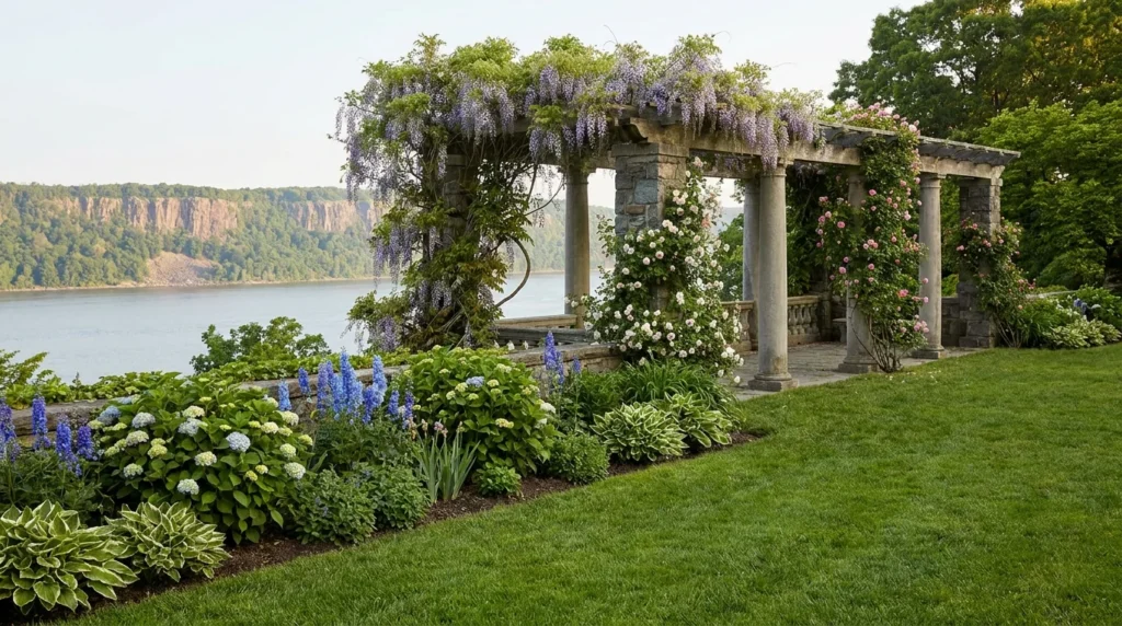 Bronx Wave Hill garden walking route - Hudson River bluff editorial