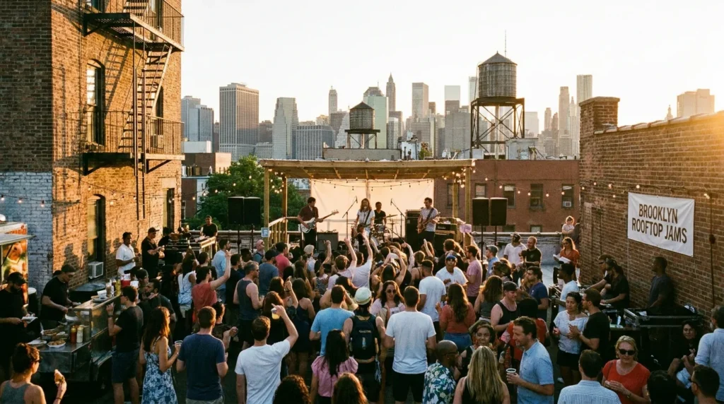 Brooklyn rooftop concert at sunset with crowd dancing string lights and Manhattan skyline backdrop