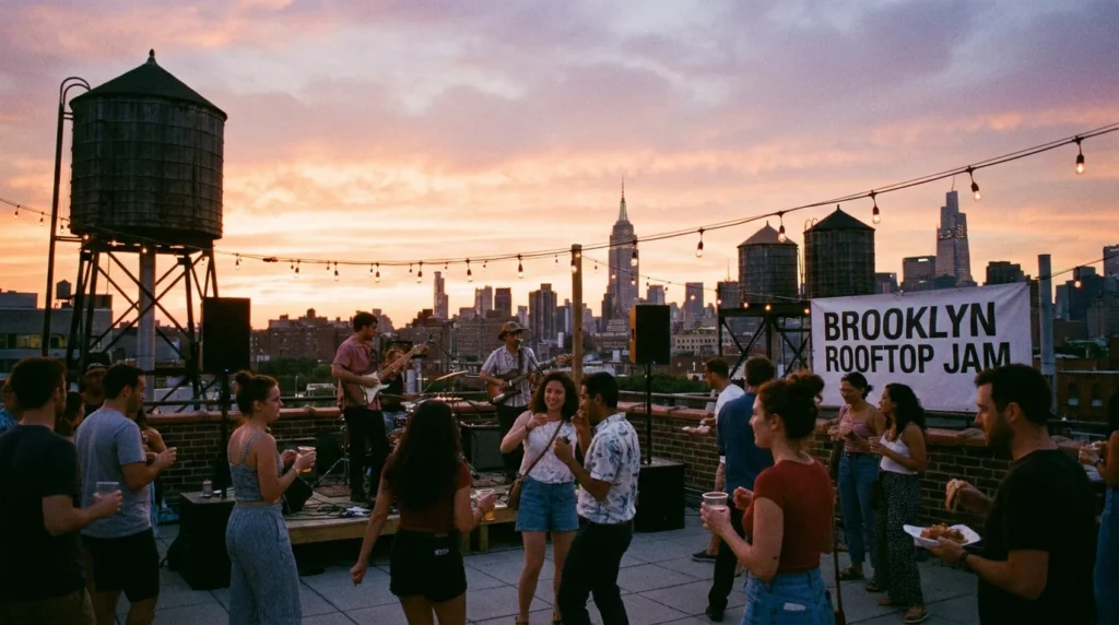 Brooklyn rooftop concert at sunset with crowd dancing string lights and Manhattan skyline backdrop