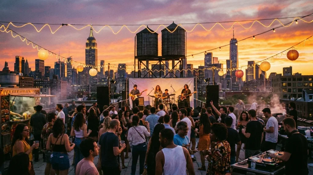 Brooklyn rooftop concert at sunset with crowd dancing string lights and Manhattan skyline backdrop