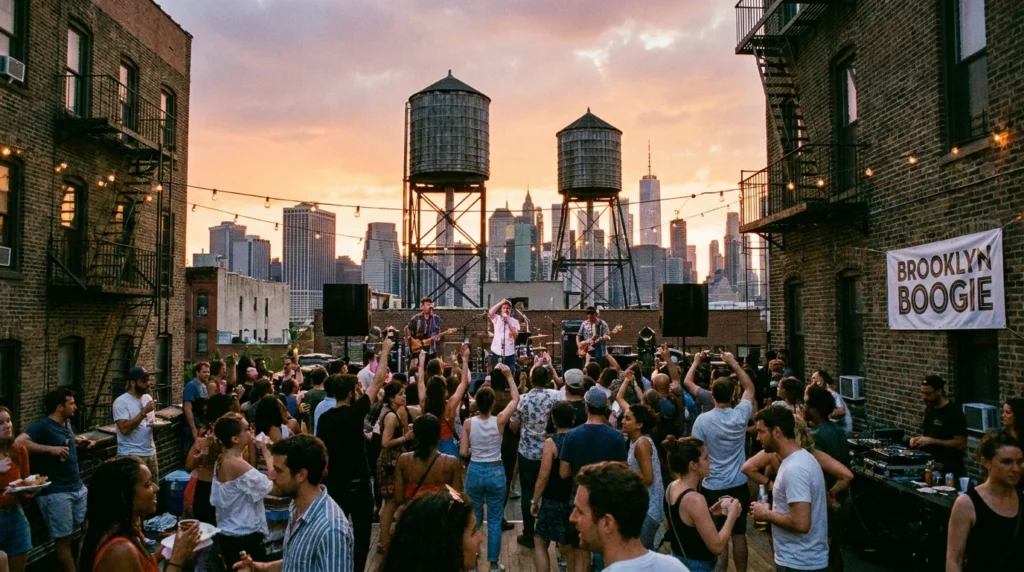 Brooklyn rooftop concert at sunset with crowd dancing string lights and Manhattan skyline backdrop