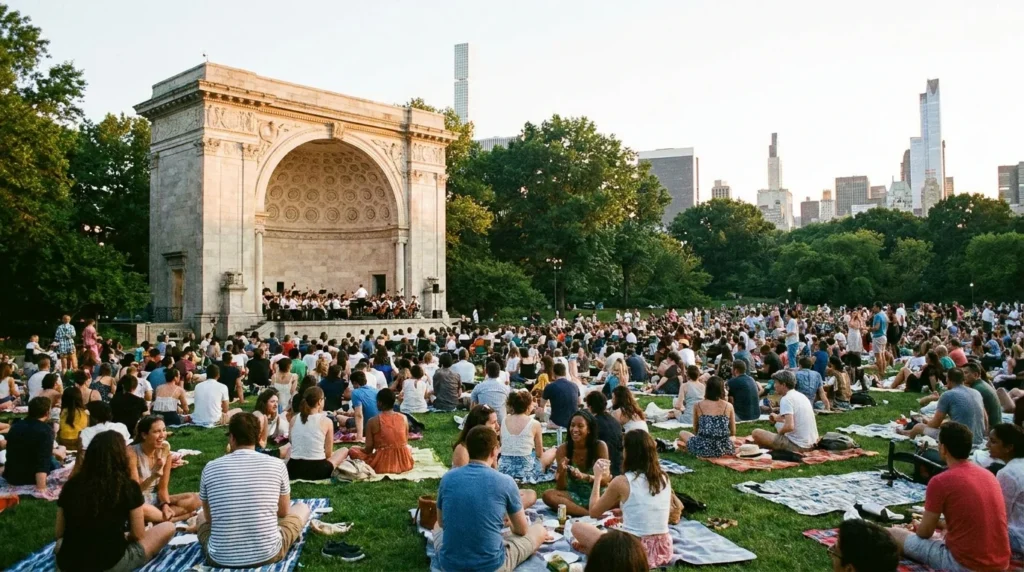 Central Park bandshell concert with audience on lawn picnic blankets summer evening