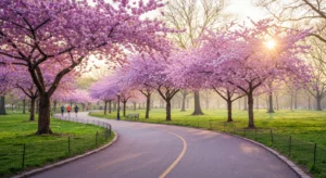 Cherry blossom trees in bloom along a Central Park path in spring