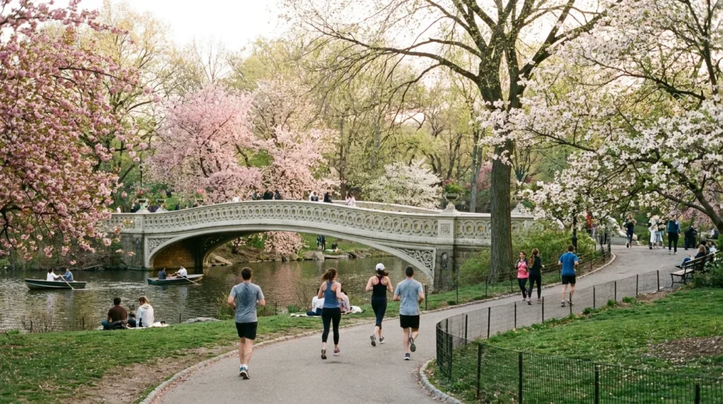 Central Park spring stone arch bridge joggers bloom