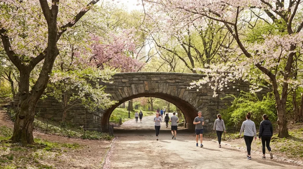 Central Park spring blooming trees joggers