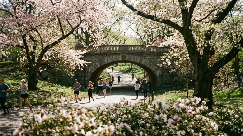Central Park spring morning joggers Manhattan