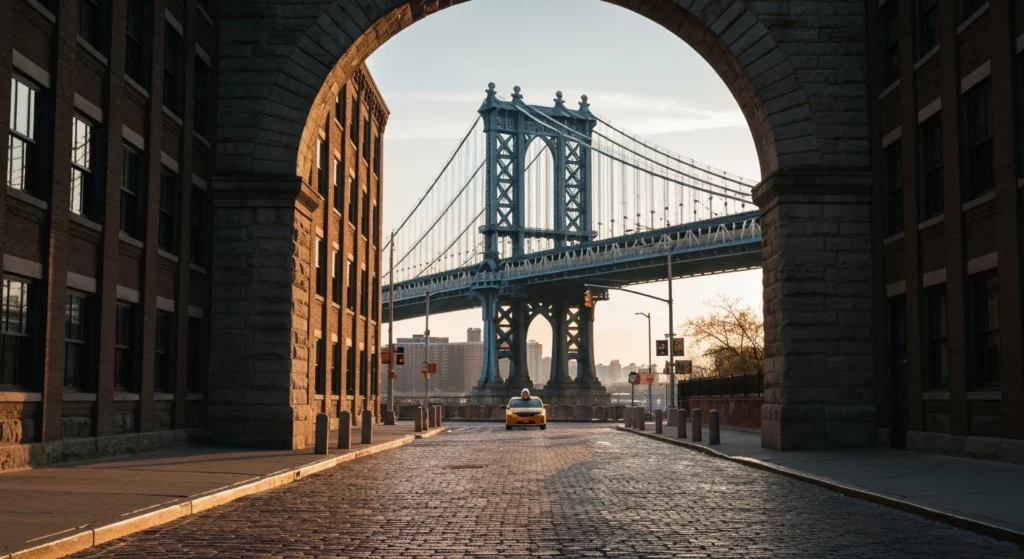 Manhattan Bridge framed through the DUMBO archway in Brooklyn