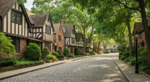 Tudor-style homes and cobblestone streets in Forest Hills Gardens Queens