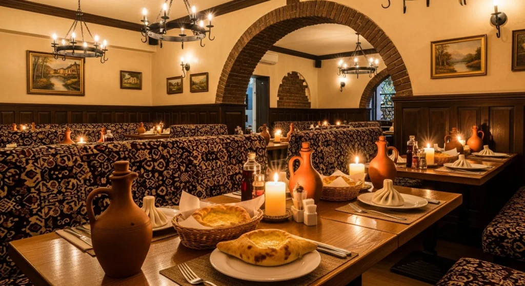 Warm candlelit Georgian restaurant interior with khachapuri cheese bread and clay wine jugs on wooden tables