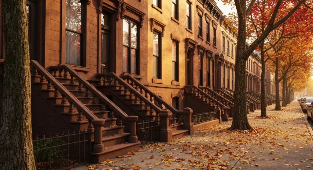 Historic brownstone townhouses on a tree-lined Harlem street in Manhattan