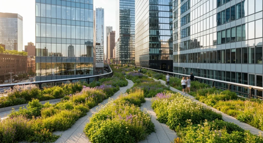 The High Line elevated park in Manhattan with Hudson Yards buildings