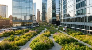 The High Line elevated park in Manhattan with Hudson Yards buildings